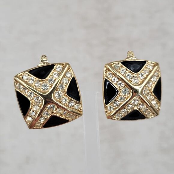 Trifari Vintage Clip on Earrings Gold Toned Black Enamel Rhinestone Square X - Picture 1 of 11
